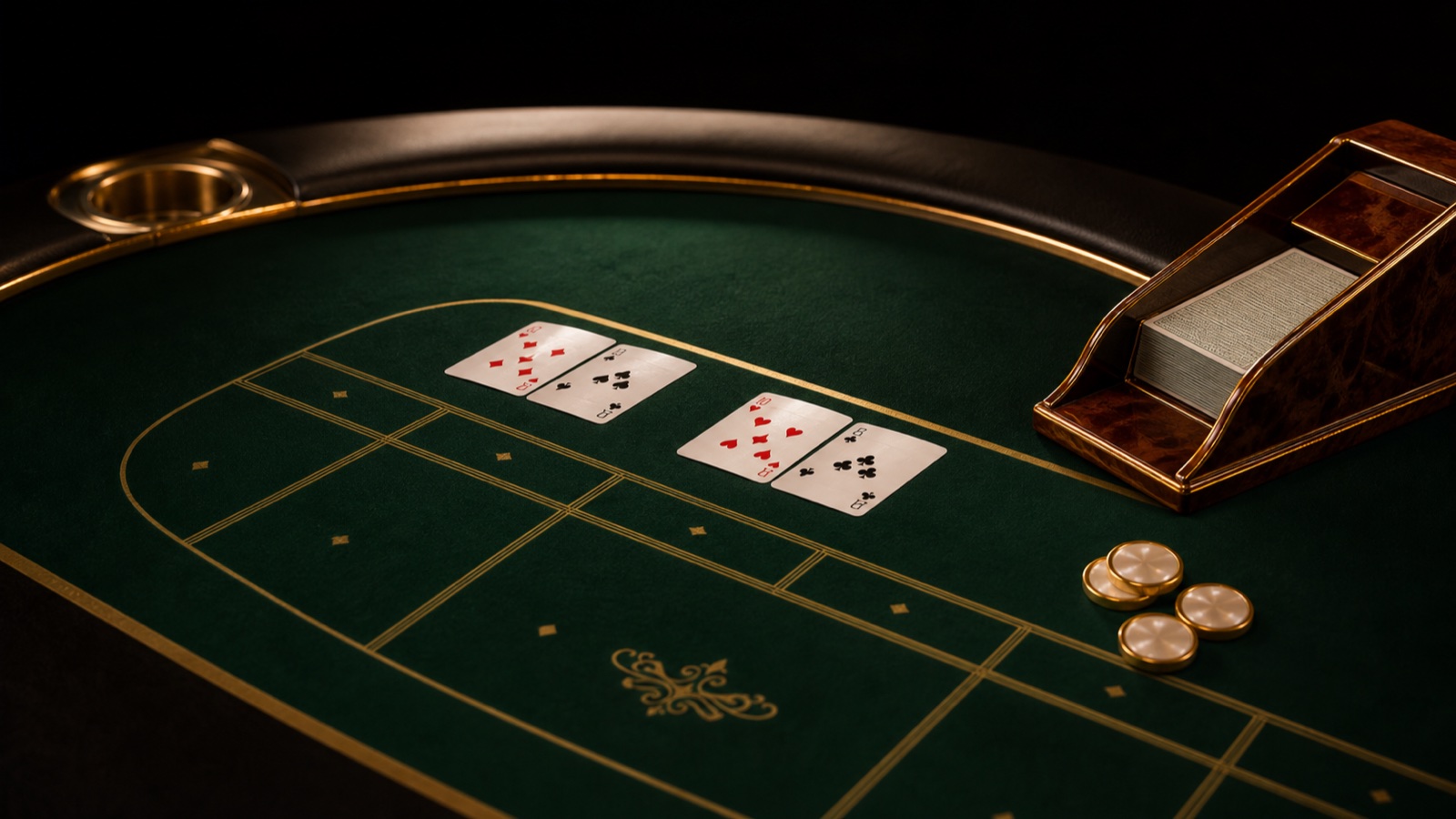 Oyuncu ve banker kart alanları, kart kızağı ve fişlerle hazırlanmış gerçekçi baccarat masası rehber görseli
