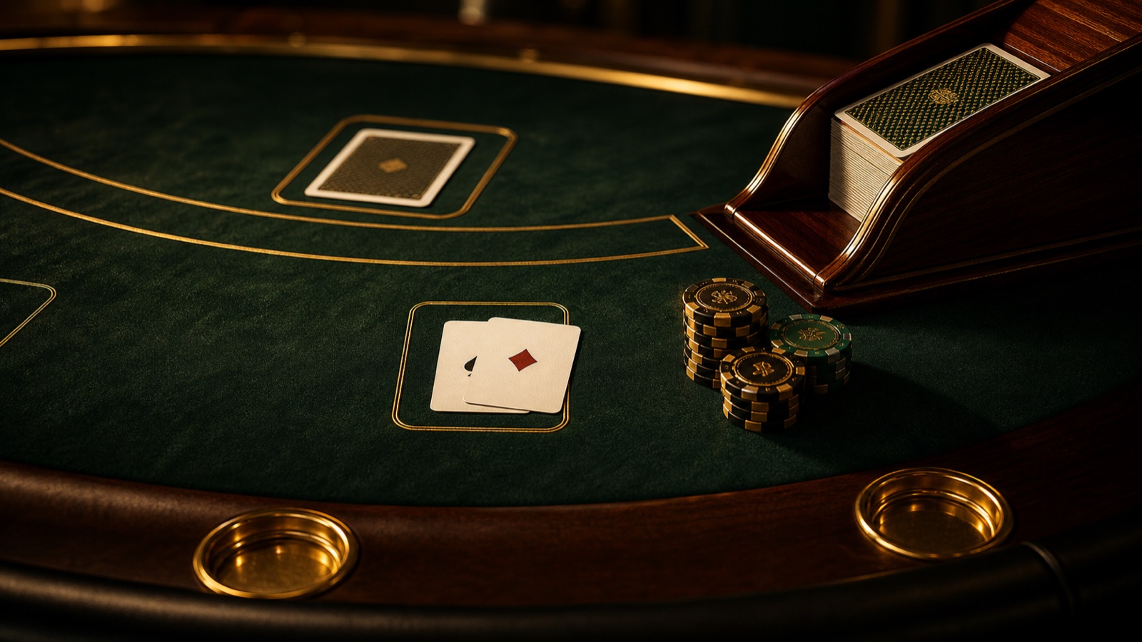 Kart kızağı, oyuncu eli, krupiye alanı ve kontrollü fiş dizilimiyle blackjack temel stratejisini anlatan masa görseli