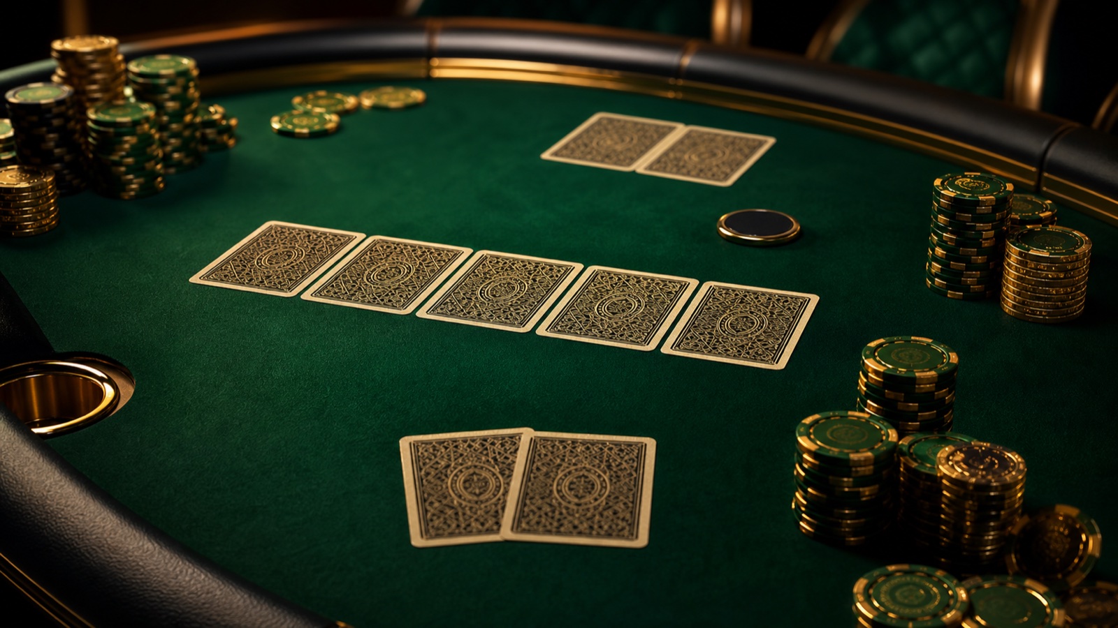 Ortak kart dizilimi, kapalı oyuncu kartları, krupiye düğmesi ve fişlerle poker türlerini anlatan gerçekçi masa görseli